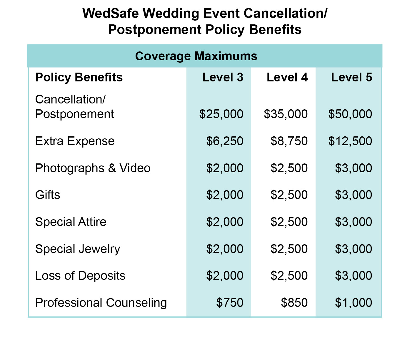 WedSafe Wedding Event Cancellation Postponement Policy Benefits Table WedSafe Wedding Event Cancellation Postponement Policy Benefits Table